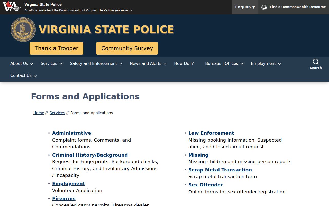 Bland County criminal history forms from Virginia State Police