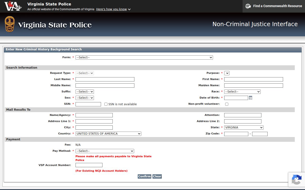 Bland County criminal history request fields in VSP NCJI CATS