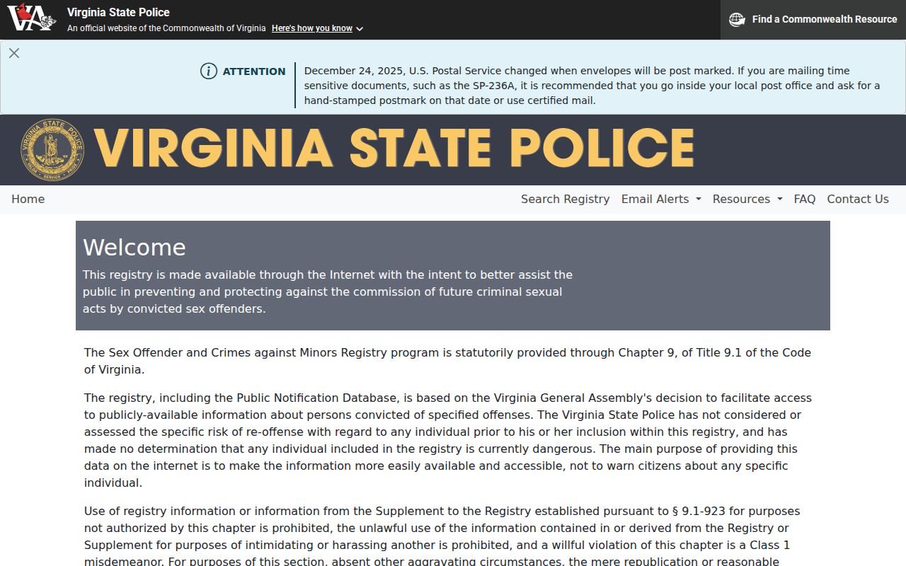 Bland County sex offender lookup on the Virginia registry search interface